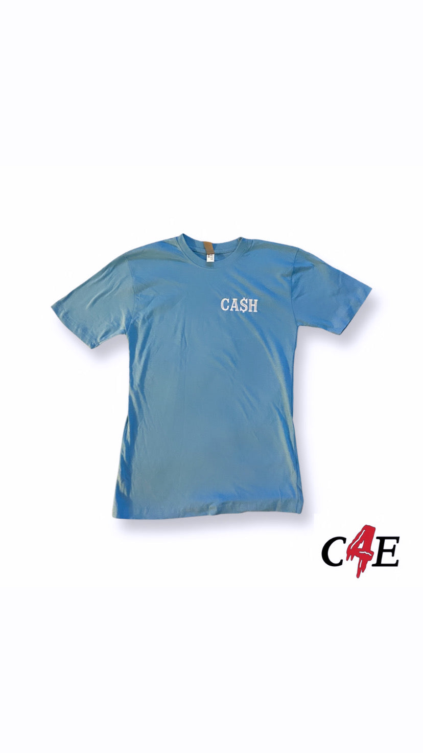 Light Blue and White "Ca$h" (left stitch) Embroidered Tee
