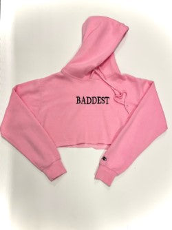 Pink & Black "Baddest" Embroidered Crop Top Hoodie