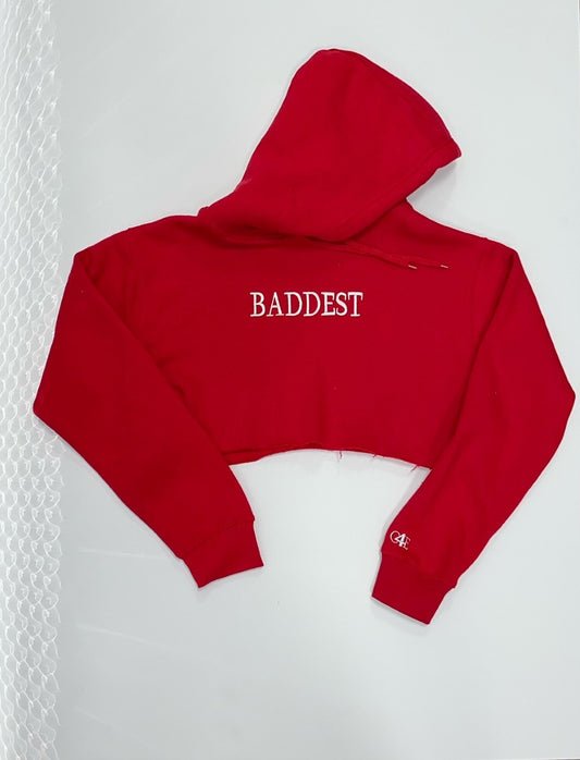 Red & White "Baddest" Embroidered Crop Top Hoodie